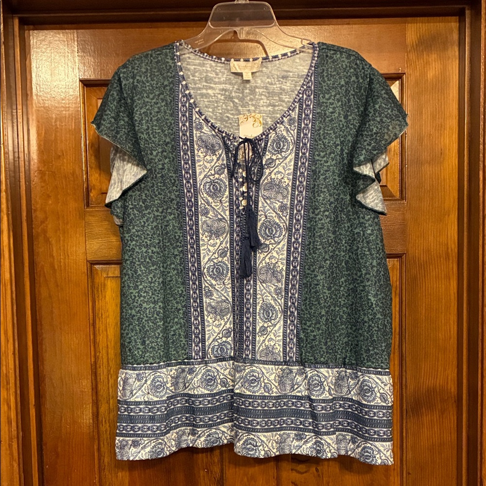 NWT 3X Suzanne Betro Blue & Green Flutter Sleeve Blouse (ABBA)